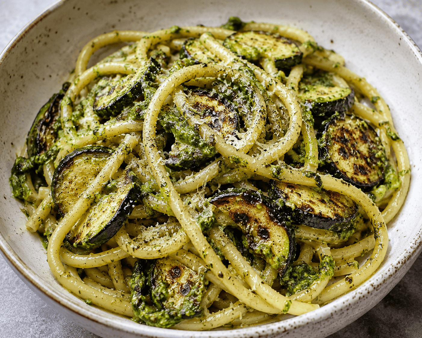 Bucatini with Charred Courgette & Green Pesto