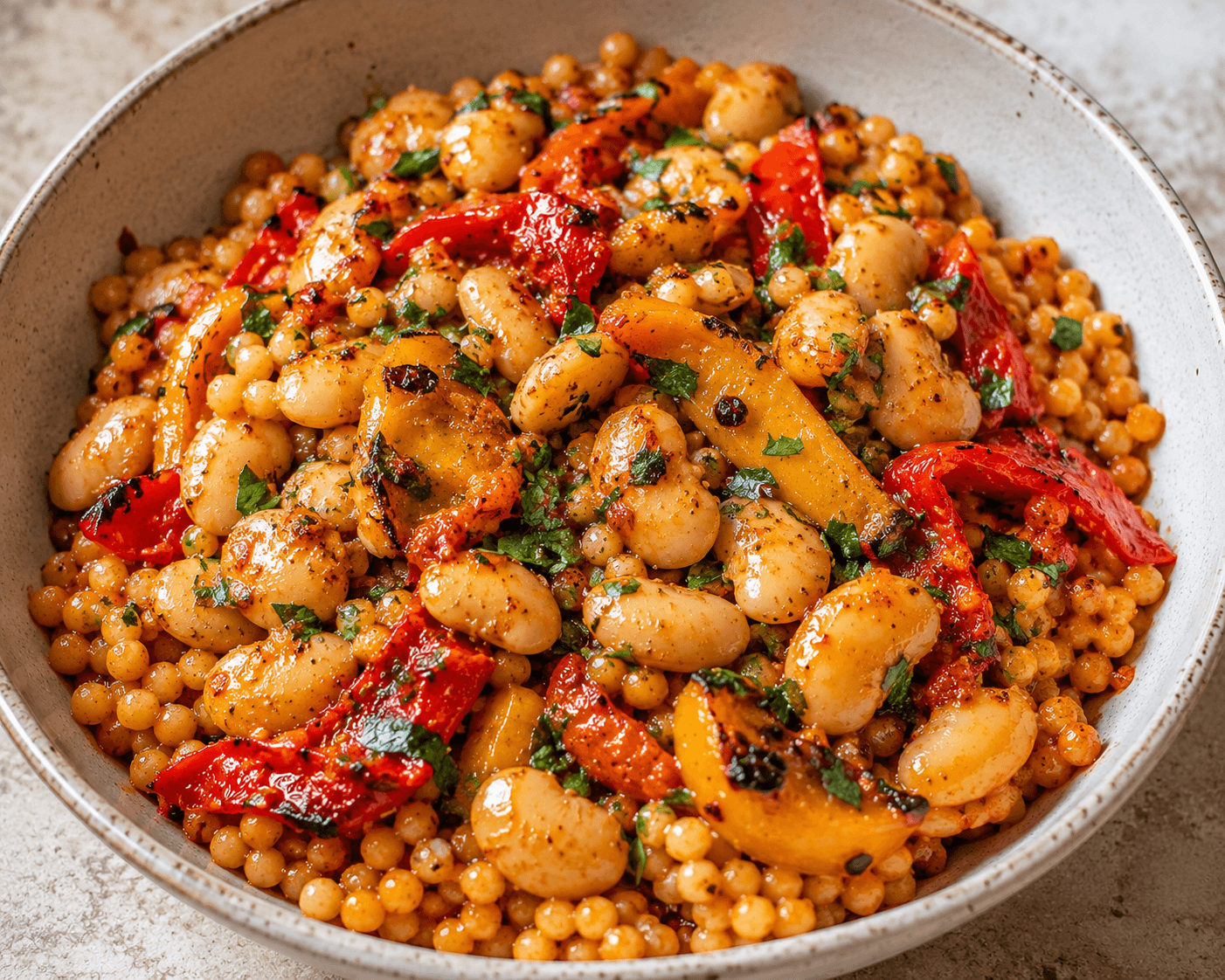 Rose Harissa Butter Beans with Roast Peppers & Giant Couscous