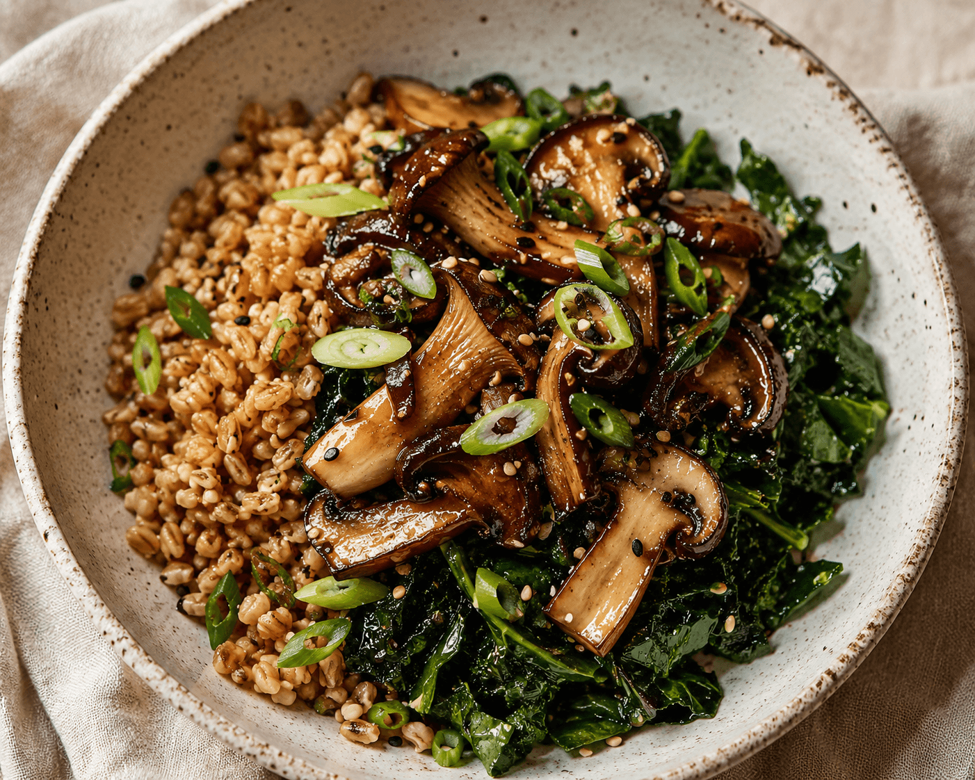 Miso Mushrooms with Farro & Greens